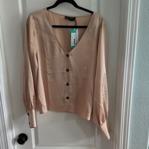 V-Neck Button-Up Blouse - Beige